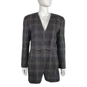 SK & Company Vintage 80s Variegated Weave Plaid One -Button Blazer
